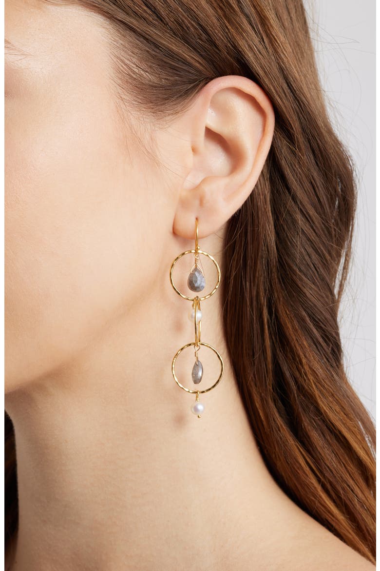 Trinity Labradorite & Freshwater Pearl Drop Earrings, Alternate, color, GOLD