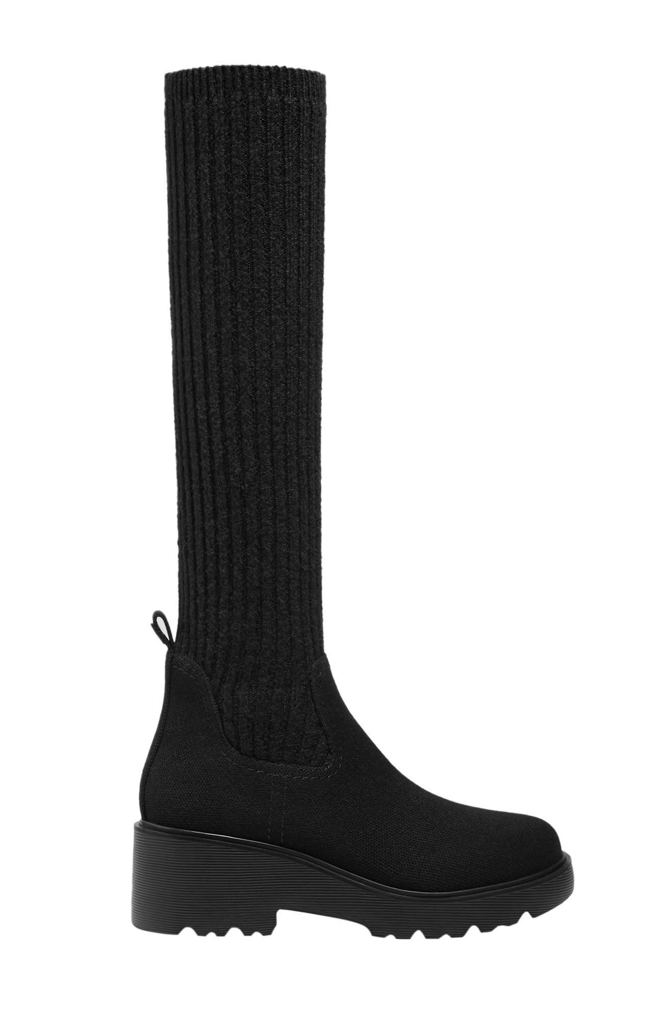 VIVAIA Round-Toe Knee-High Platform Chunky Wool Wedge Boots, Alternate, color, Black