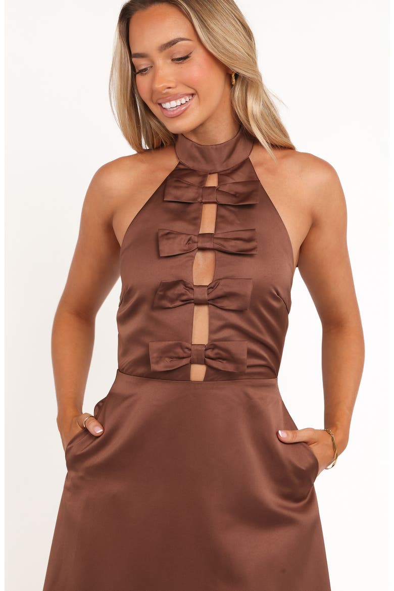 Norva Bow Front Halter Satin Maxi Dress, Alternate, color, BROWN