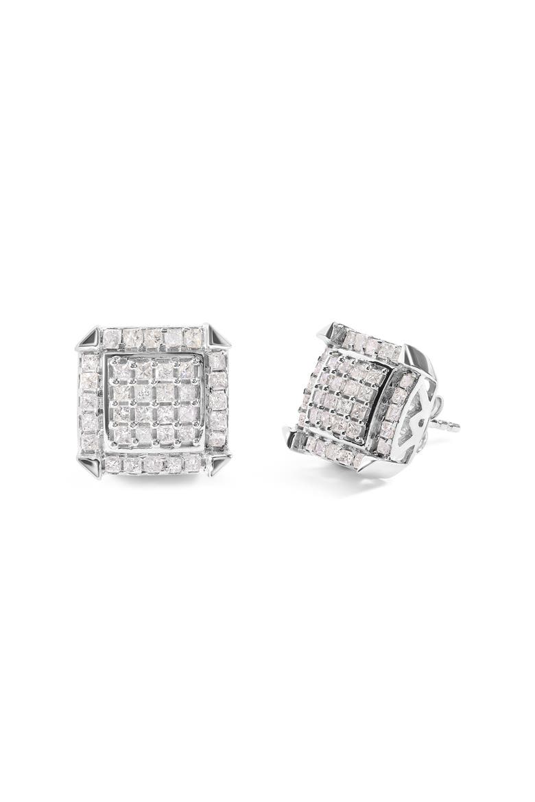 10K White Gold 1 1/10 Cttw Princess Diamond Composite and Halo Stud Earrings, Alternate, color, White