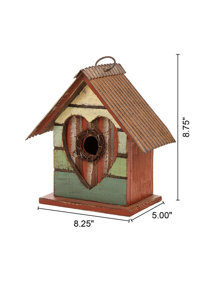 8.75"H Distressed Solid Wood Birdhouse with Heart, Alternate, color, Red