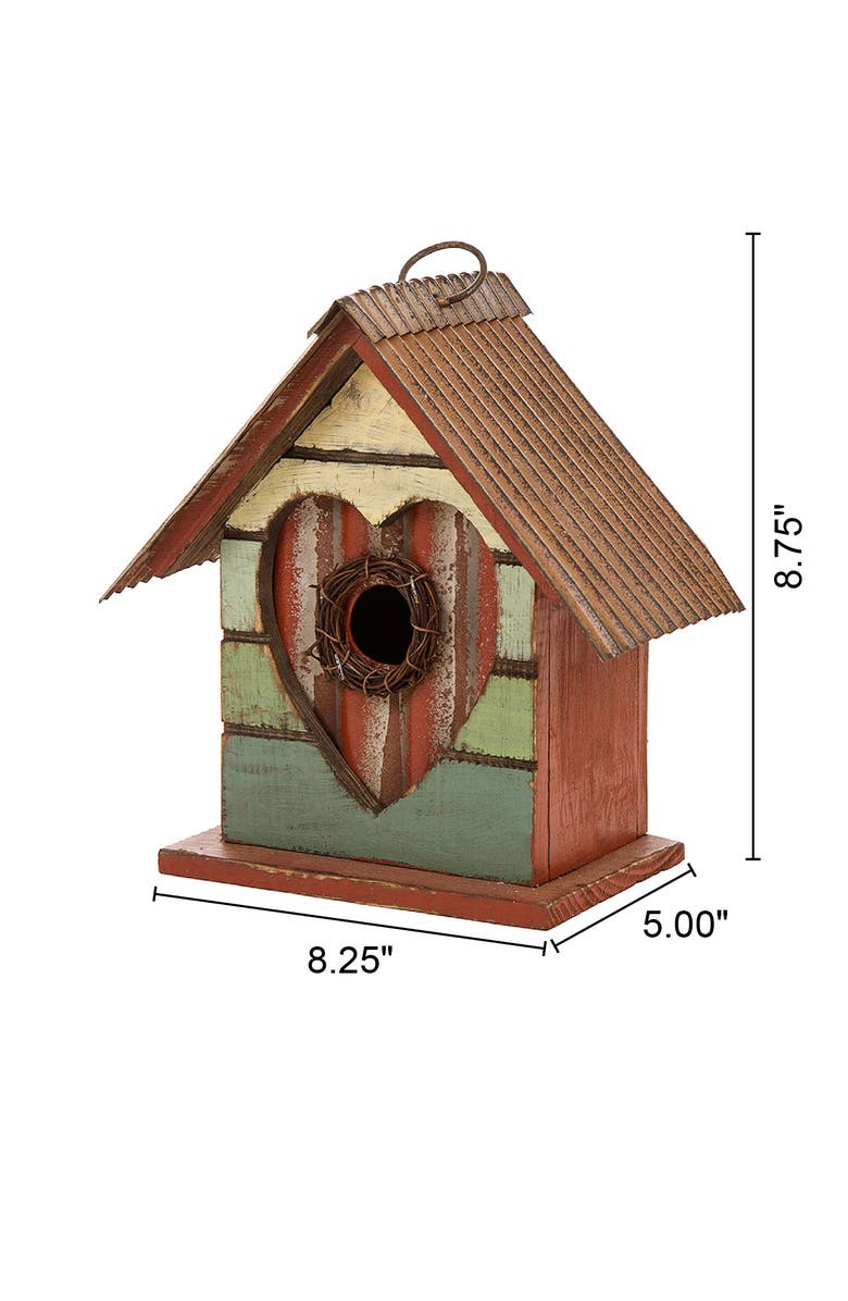 Glitzhome 8.75"H Distressed Solid Wood Birdhouse with Heart, Alternate, color, Red