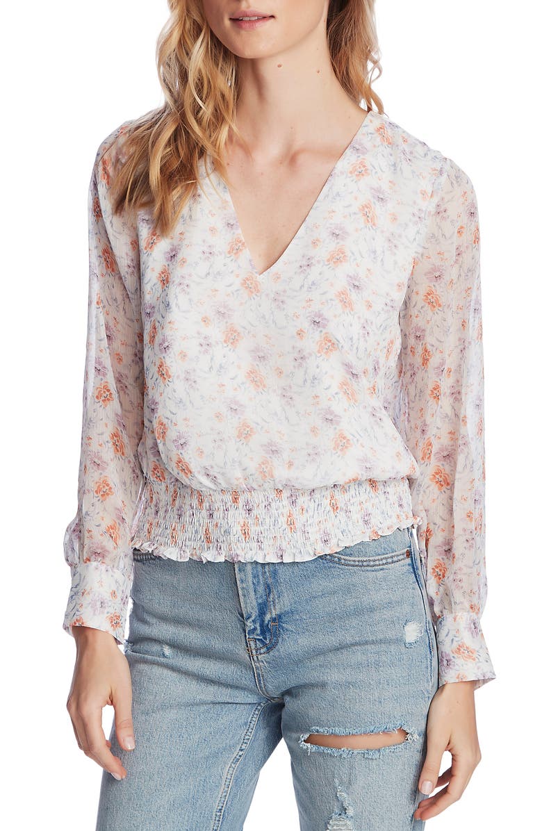 1.STATE Woodland Garden Smock Waist Long Sleeve Blouse, Main, color, 