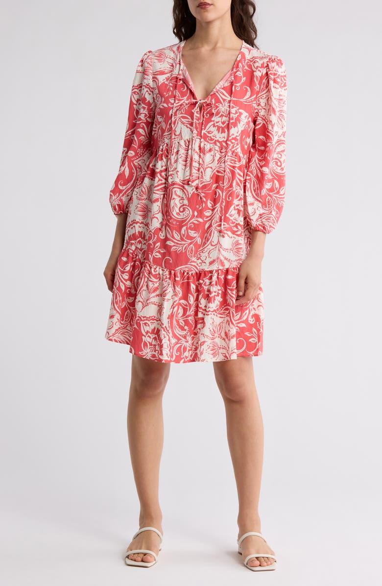 Ellen Tracy Double Tie Keyhole Tiered Babydoll Dress, Main, color, Coral Batik Floral