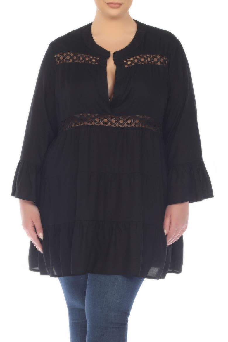 Lace Inset Ruffle Hem Tunic, Main, color, BLACK