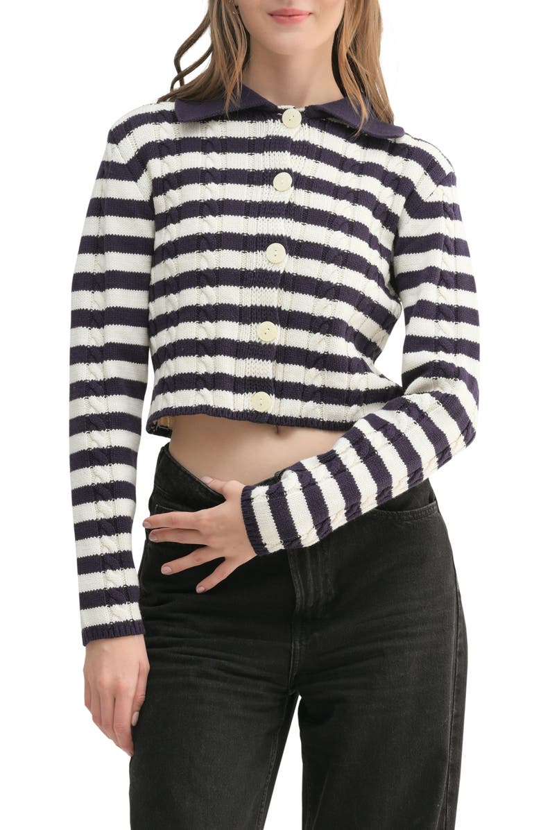 All in Favor Stripe Cotton Blend Crop Cardigan, Main, color, Cream Navy