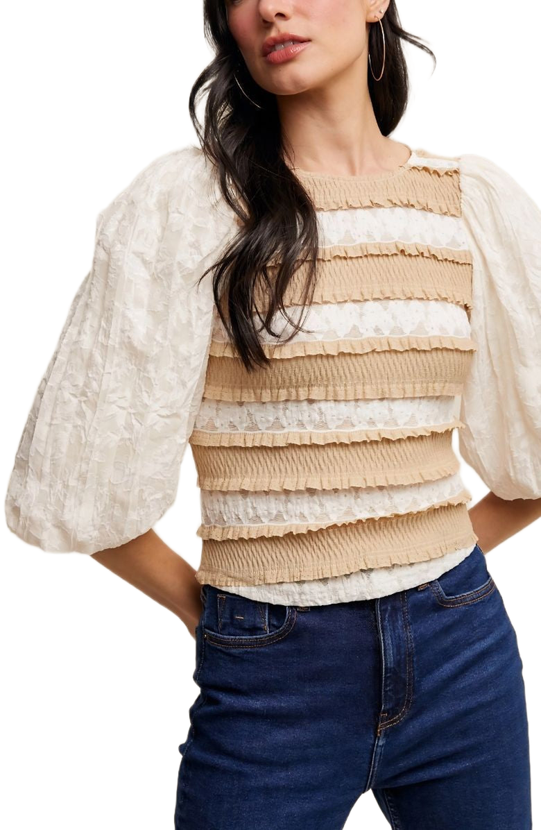 Knit and Lounge Puff Sleeve Ruffle Trim Soft Floral Pattern Top, Alternate, color, 