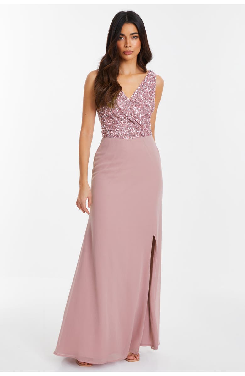 QUIZ Chiffon Embellished Wrap maxi Dress, Main, color, 