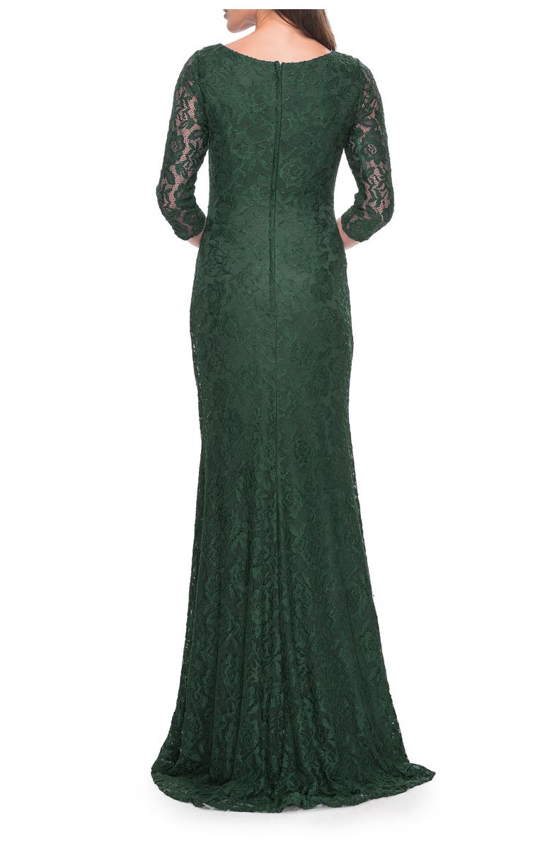 La Femme Stretch Lace Evening Dress with Ruching, Alternate, color, Dark Emerald