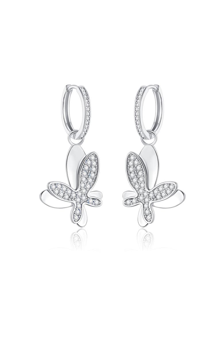 Pavé Butterfly Dangle Drop Hoop Earrings, Main, color, Silver/Clear