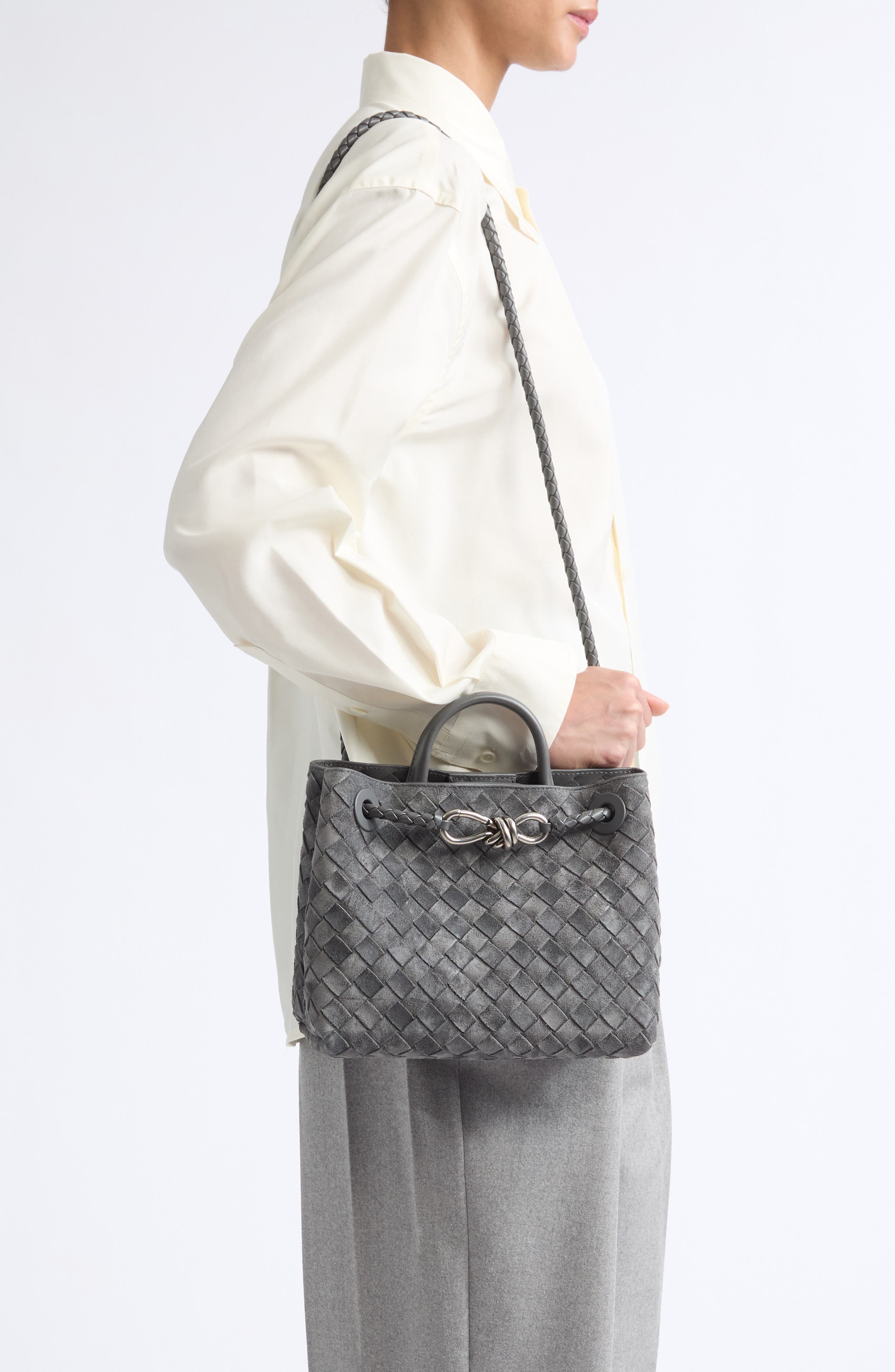 Small Andiamo Intrecciato Suede Shoulder Bag, Alternate, color, 1699 OBSIDIAN GREY