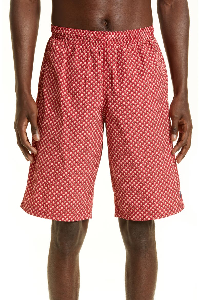 Men's Skull Long Swim Trunks, Main, color, BORDEAUX/ IVORY