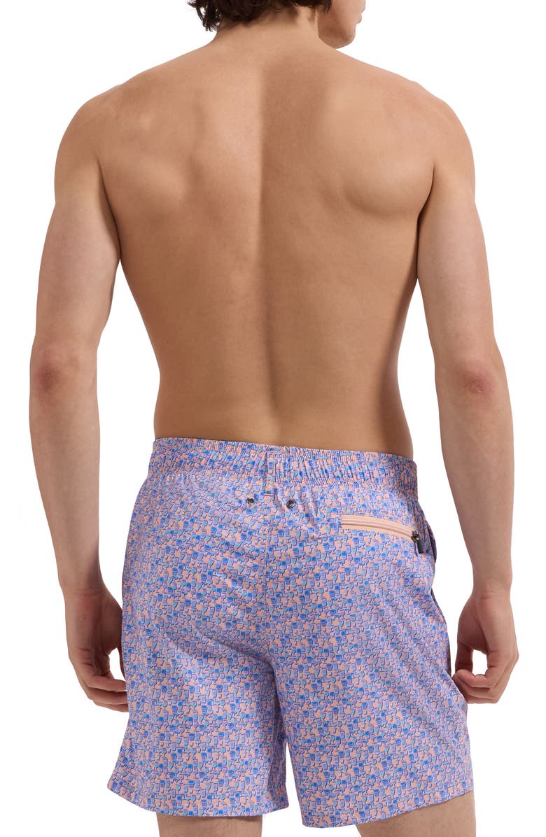 Bugatchi Kai Cocktail Print Swim Trunks, Alternate, color, Peach