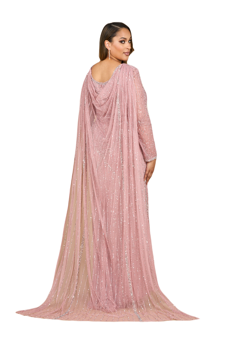 Long Sleeve Beaded Gown with Cape, Alternate, color, Cashmere