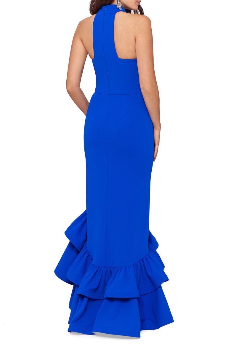 Halter Neck Ruffle Scuba Crepe Gown, Alternate, color, NEW COBALT