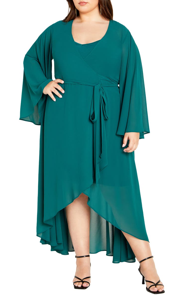 City Chic Fleetwood Long Sleeve Chiffon Wrap Dress, Main, color, Alpine
