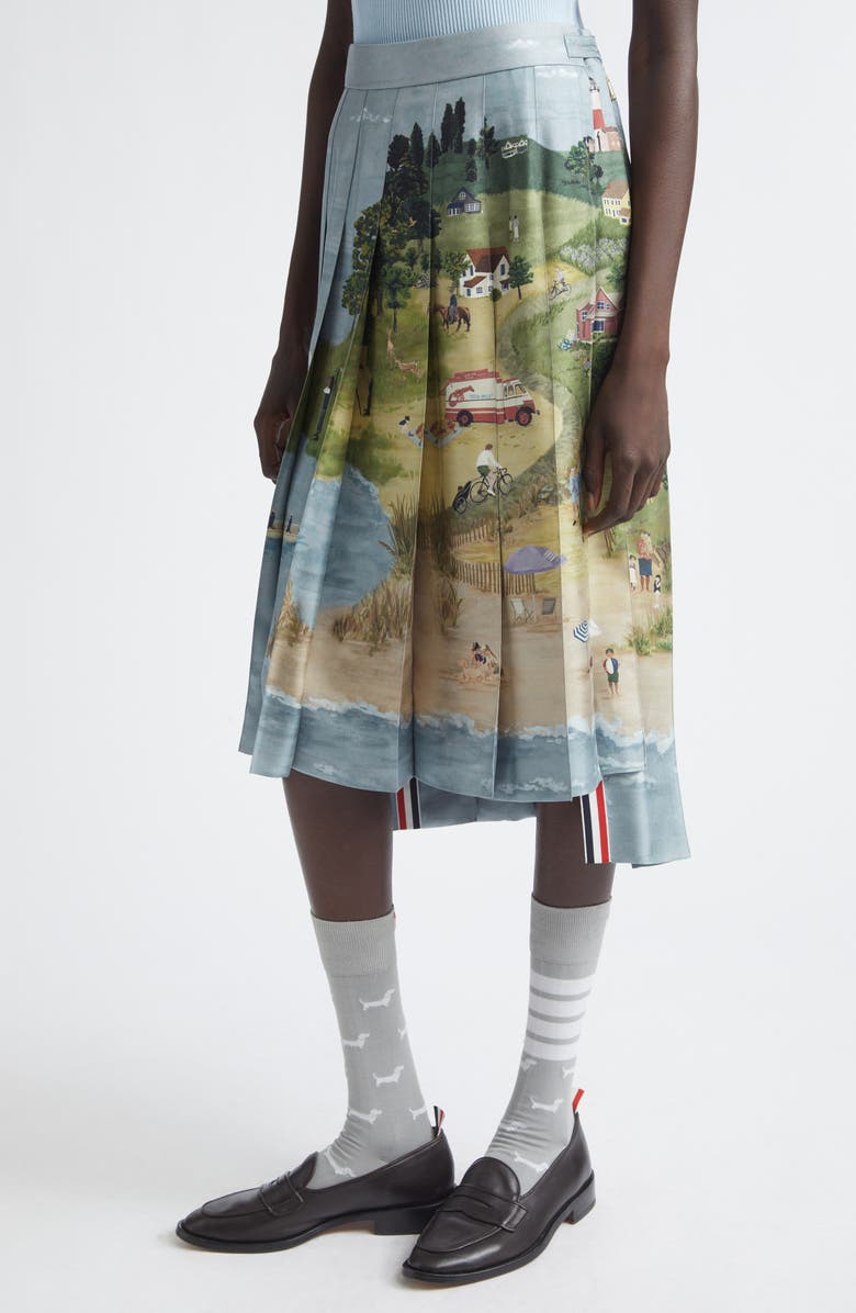 Thom Browne Drop Back Pleated Silk Skirt, Alternate, color, Seasonal Multi