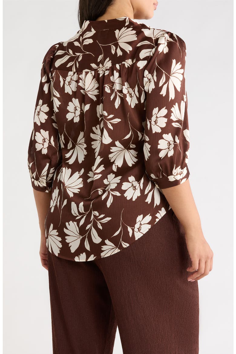 Floral Split Neck Top, Alternate, color, DARK CHOCOLATE/ WHITE