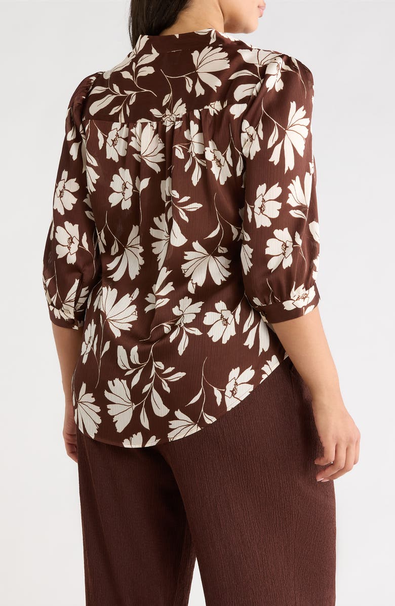 Anne Klein Floral Split Neck Top, Alternate, color, Dark Chocolate/ White