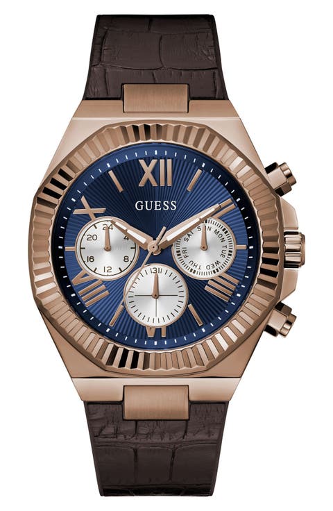 Coffee Chronograph Leather & Silicone Strap Watch, 44mm