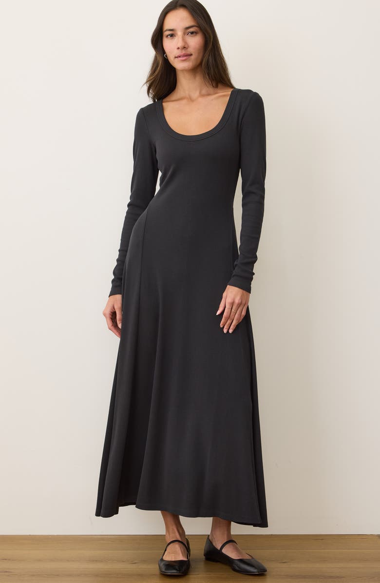 Marine Layer Lexi Long Sleeve Rib Fit & Flare Maxi Dress, Alternate, color, Black