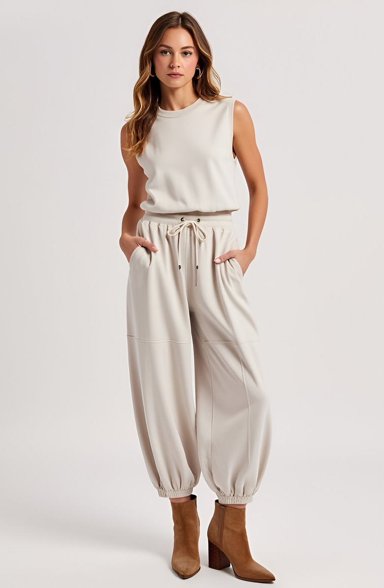 Modenaire Sleeveless Rib Knit Top and High Waist Jogger Set with Drawstring Waist, Main, color, 