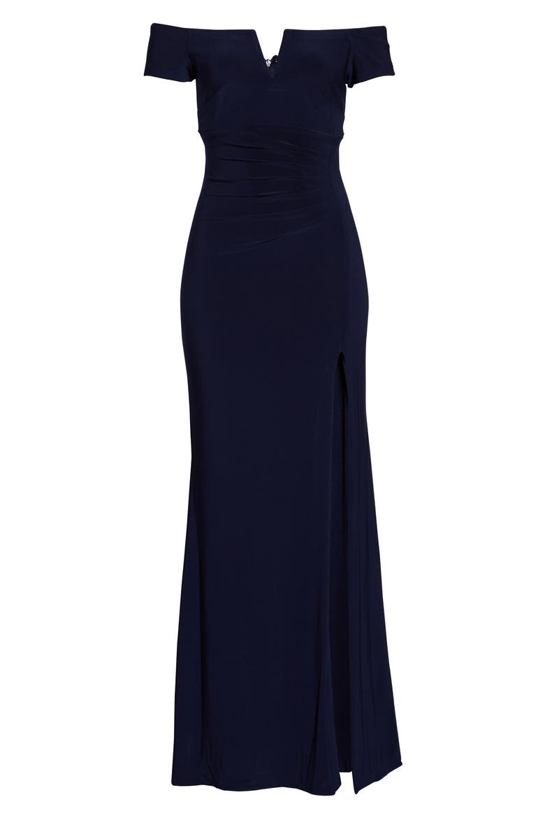 Xscape Off the Shoulder Side Slit Gown, Alternate, color, NAVY