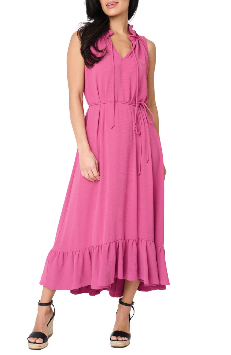 GIBSONLOOK Sienna Split Neck Tie Waist Ruffle Hem High-Low Dress, Main, color, Raspberry Rose