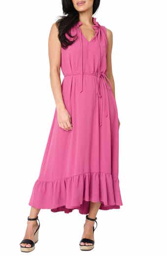 Sienna Split Neck Tie Waist Ruffle Hem High-Low Dress