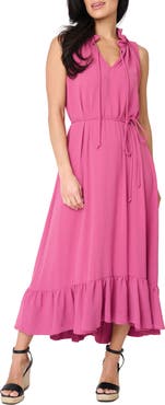 GIBSONLOOK Sienna Split Neck Tie Waist Ruffle Hem High-Low Dress