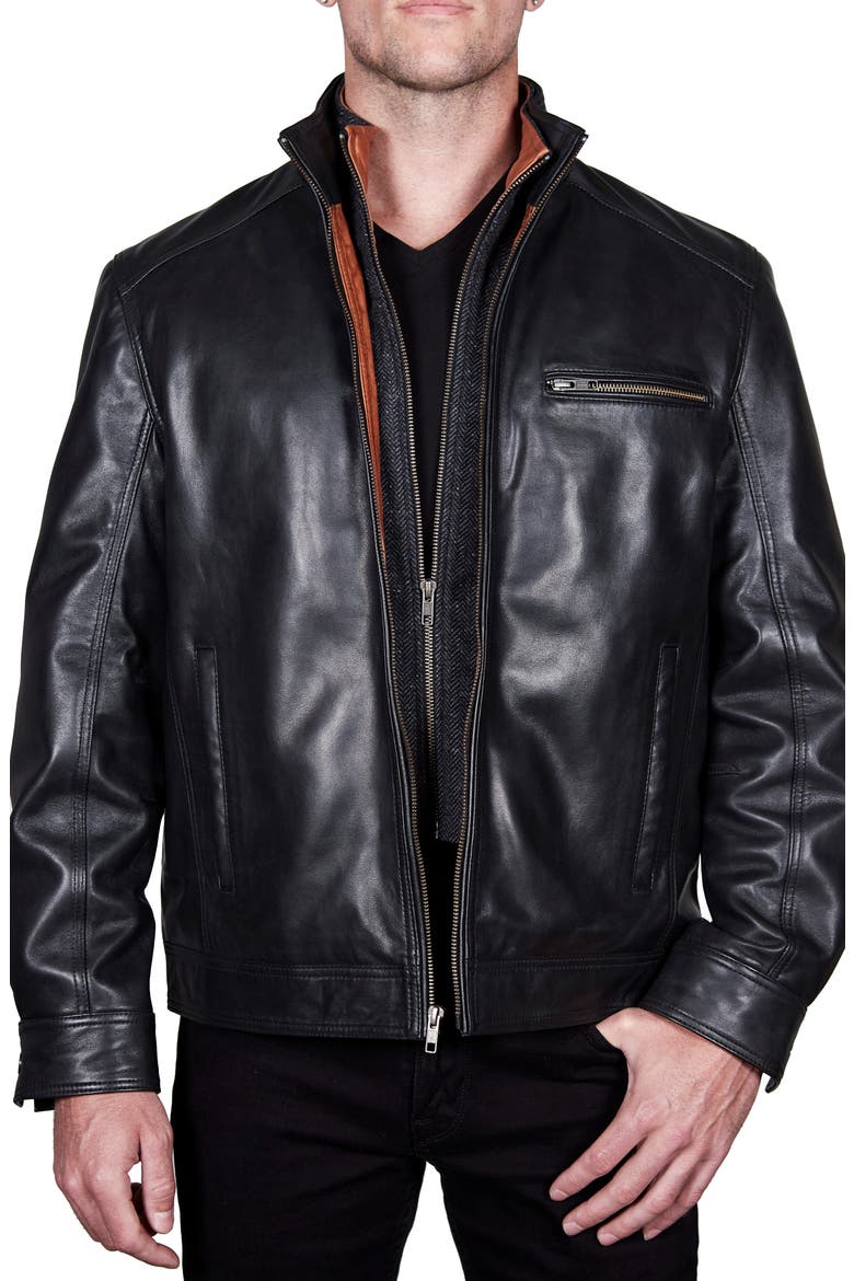 Leather Dickey Jacket, Main, color, BLACK/ COGNAC