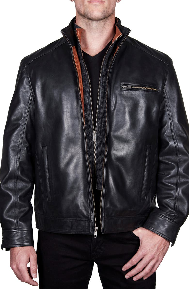 Missani Le Collezioni Leather Dickey Jacket, Main, color, Black/ Cognac