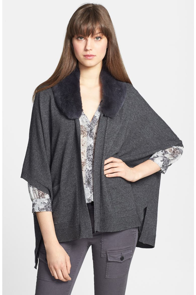 'Manuela' Genuine Rabbit Fur Collar Cardigan, Main, color, DARK HEATHER GREY