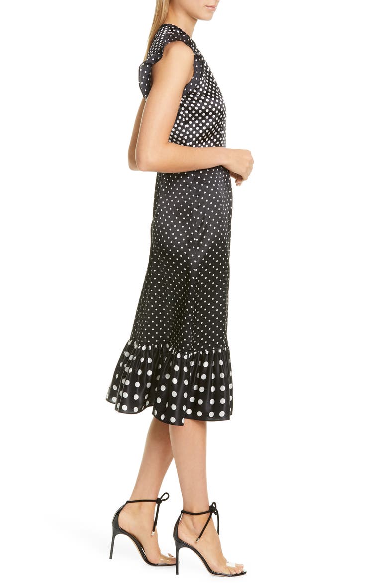 Flutter Sleeve Polka Dot Satin Midi Dress, Alternate, color, 122001 BLACK SMALL DOT