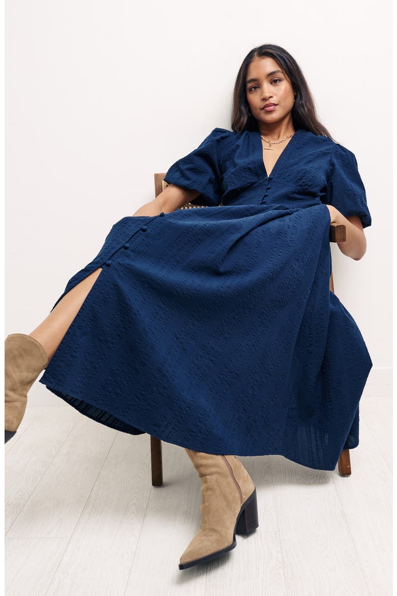 Starlight Button Front Cotton Seersucker Midi Dress, Alternate, color, BLUE