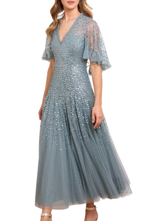 Dappled Sequin Cape Ankle Gown