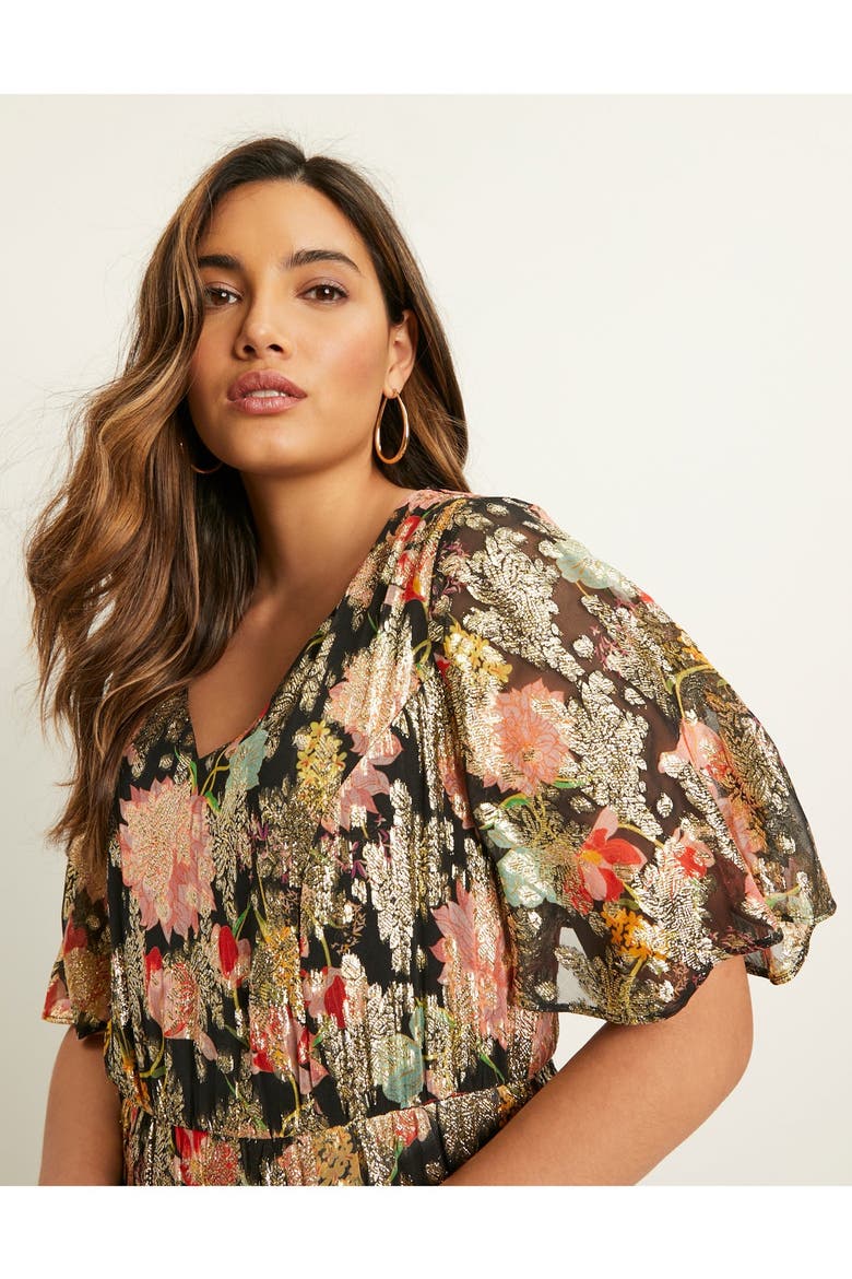 Metallic Printed Maxi Dress, Alternate, color, BLACK TEXTURED WALLFLOWER