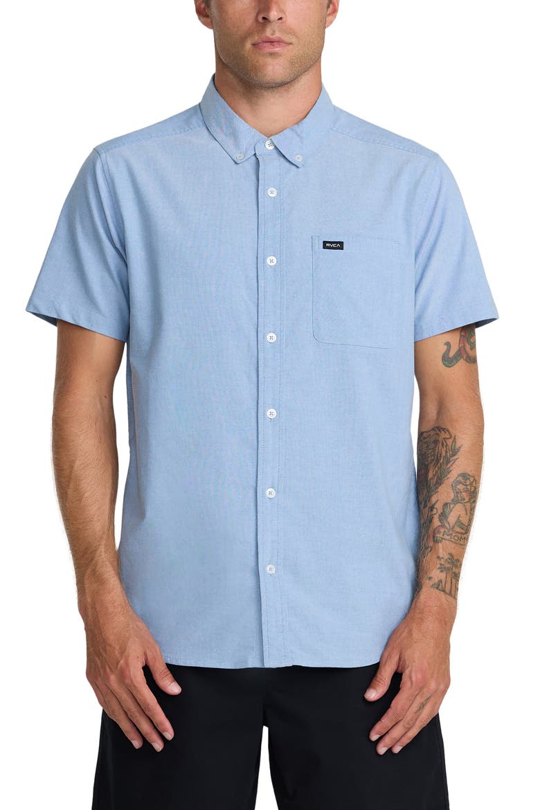 That'll Do Slim Fit Solid Short Sleeve Button-Down Shirt, Main, color, OXFORD BLUE NEW