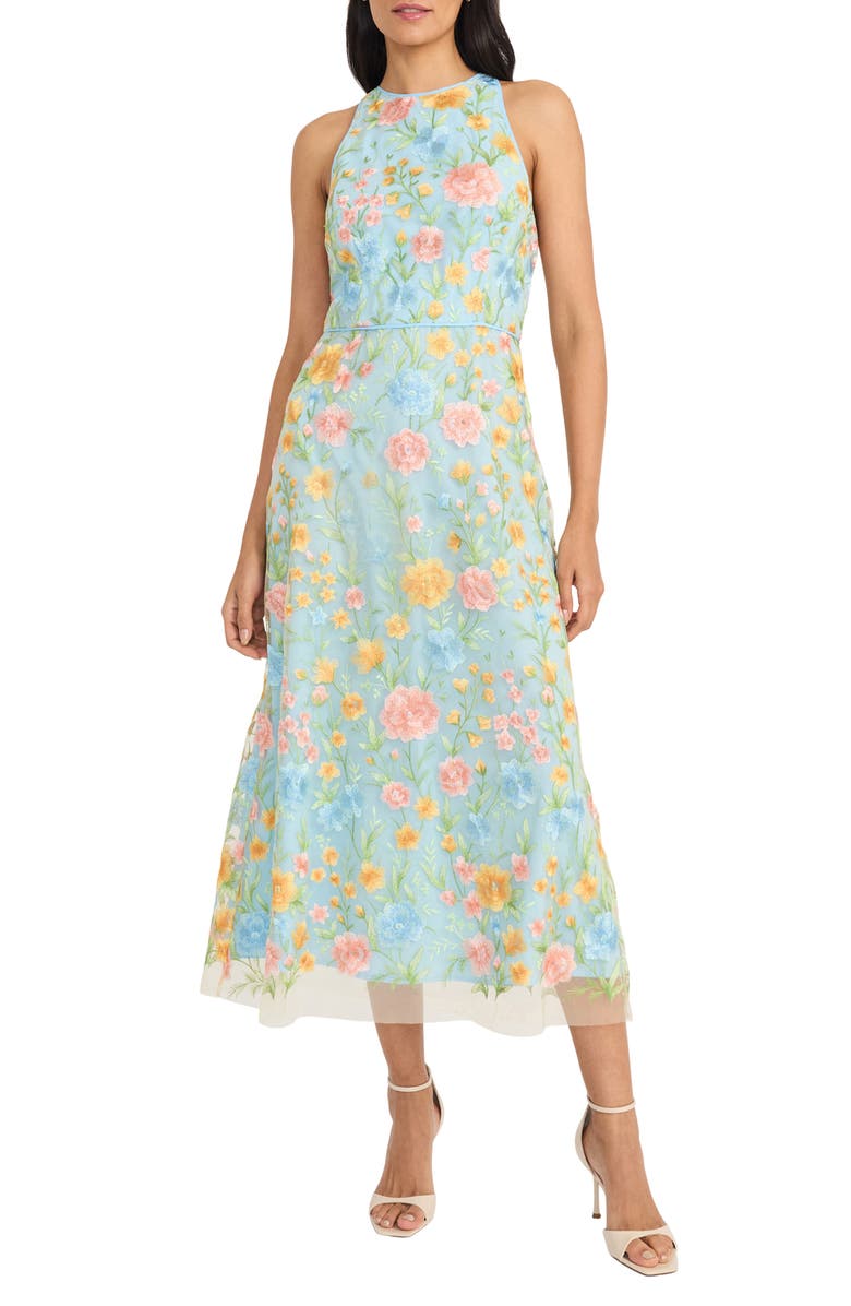 Maggy London Floral Embroidered Sleeveless Midi Dress, Main, color, Yellow/ Pink/ Blue
