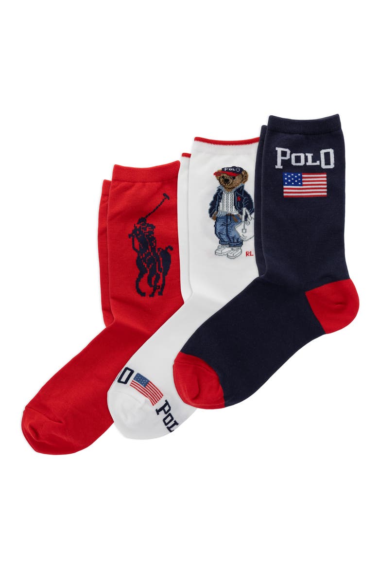 Americana Bear Assorted 3-Pack Cotton Blend Crew Socks Gift Box, Main, color, RED MULTI