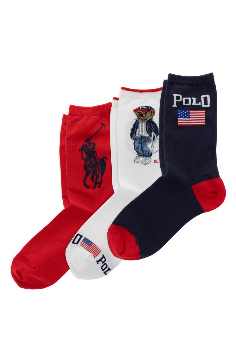 Polo Ralph Lauren Americana Bear Assorted 3-Pack Cotton Blend Crew Socks Gift Box, Main, color, Red Multi