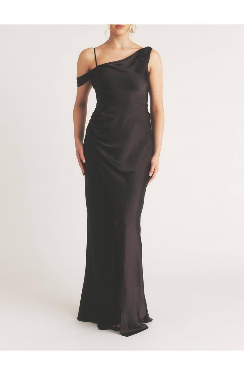 Six Stories Asymmetric Bardot Satin Bridesmaid Dress, Alternate, color, Black
