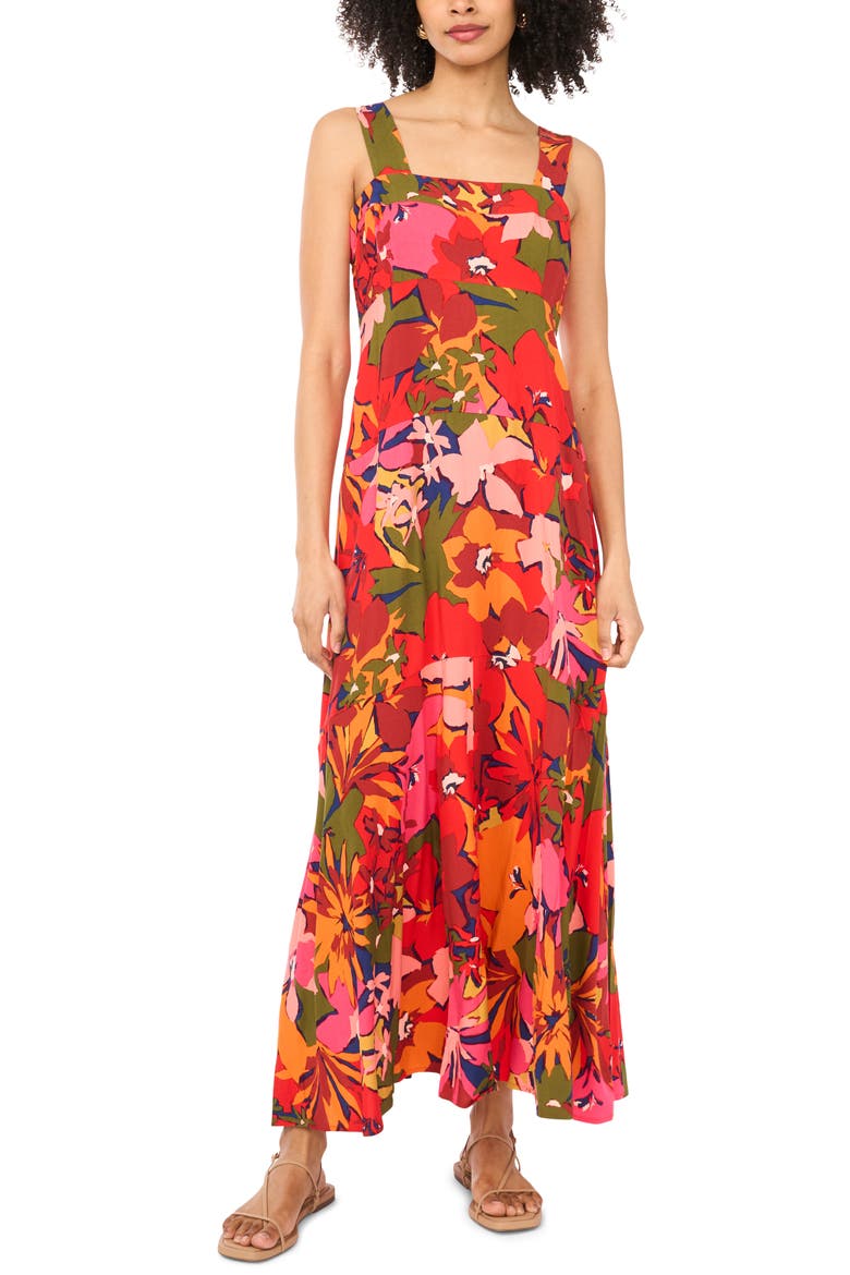 Printed Square Neck Maxi Sundress, Main, color, LOBSTER RED