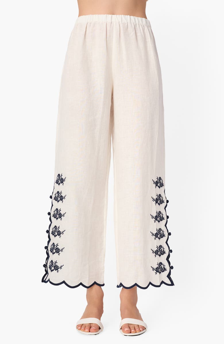 CAMI NYC Madrid Floral Embroidery Linen Pants, Main, color, Macadamia