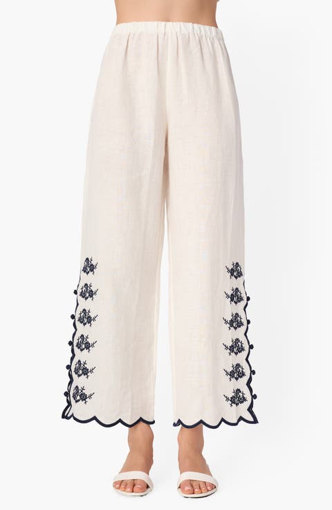 Madrid Floral Embroidery Linen Pants