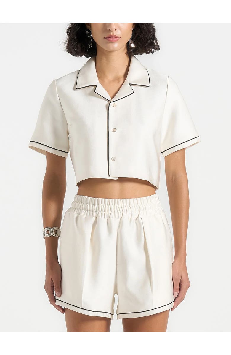 Manière De Voir Maude Satin Cropped Shirt with Piping, Alternate, color, Off White