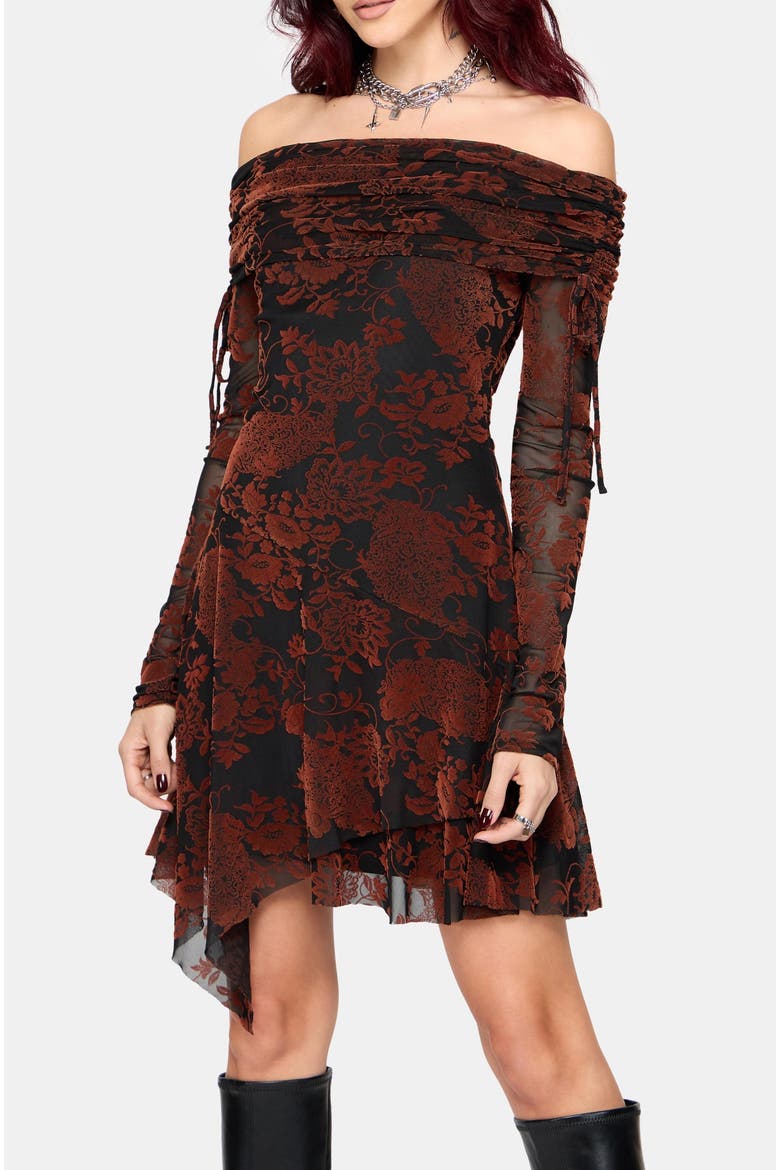 Allegra Bardot Flocked Mini Dress, Alternate, color, Black