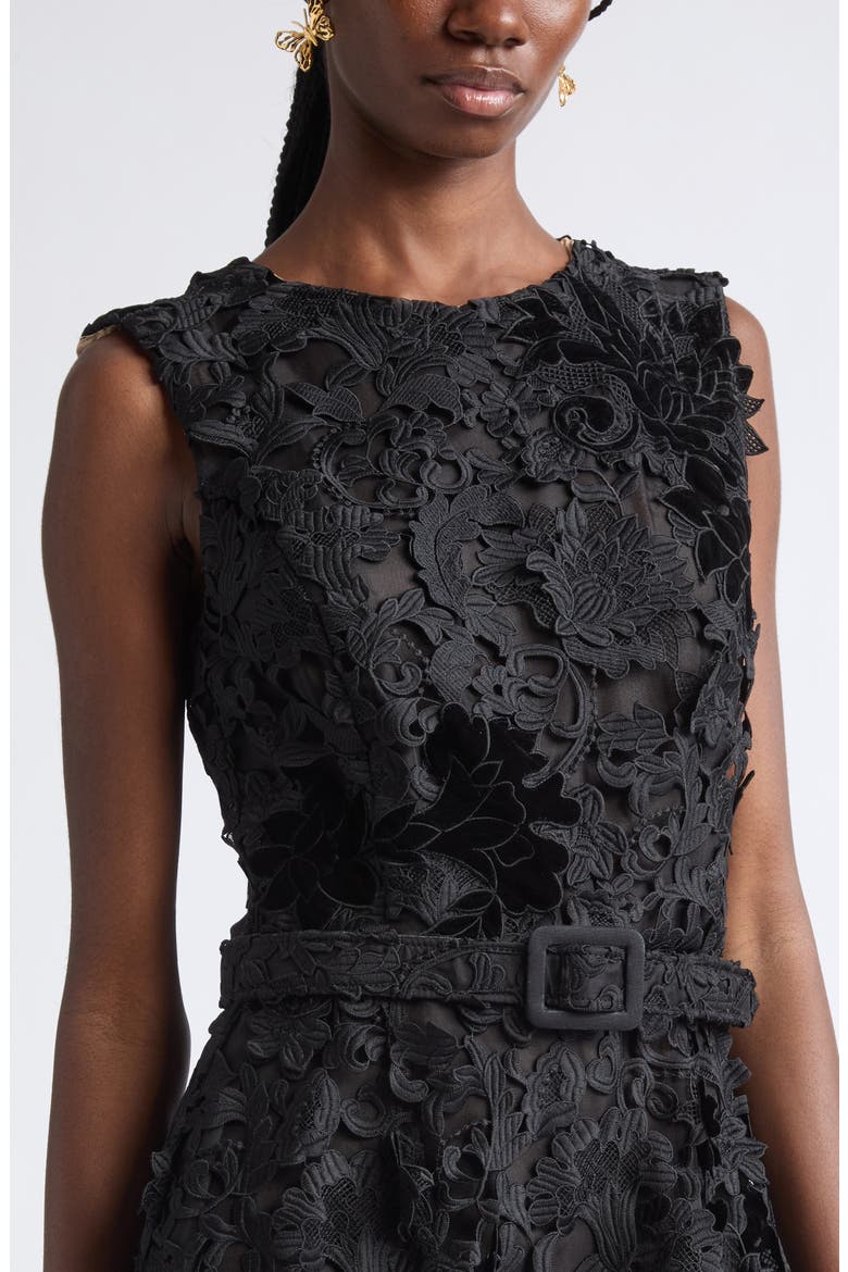 Feather Scroll Guipure Midi Dress, Alternate, color, BLACK