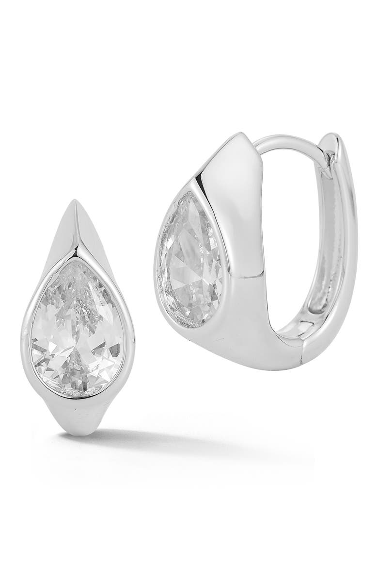 Pear Cubic Zirconia Huggie Hoop Earrings, Main, color, SILVER