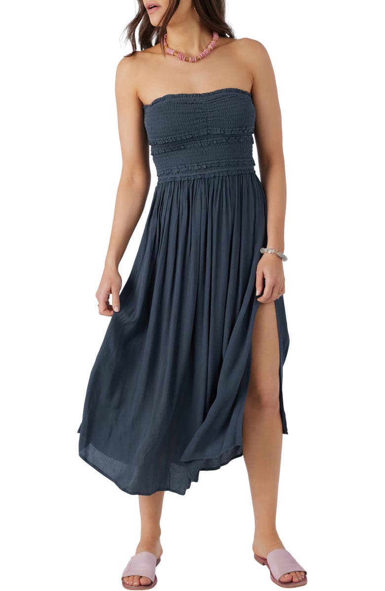 O'Neill Devyn Smocked Strapless Midi Dress, Main, color,